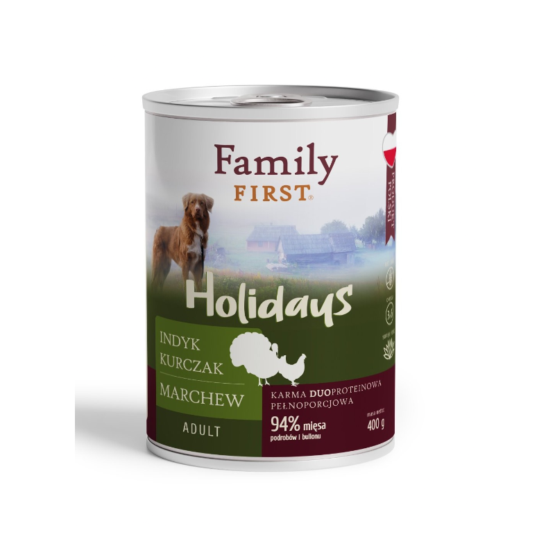 FAMILY FIRST HOLIDAYS Puszka dla psa Indyk/kurczak/marchew 400g