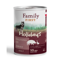 FAMILY FIRST HOLIDAYS Puszka dla psa Dziczyzna/gęś/jabłko 400g