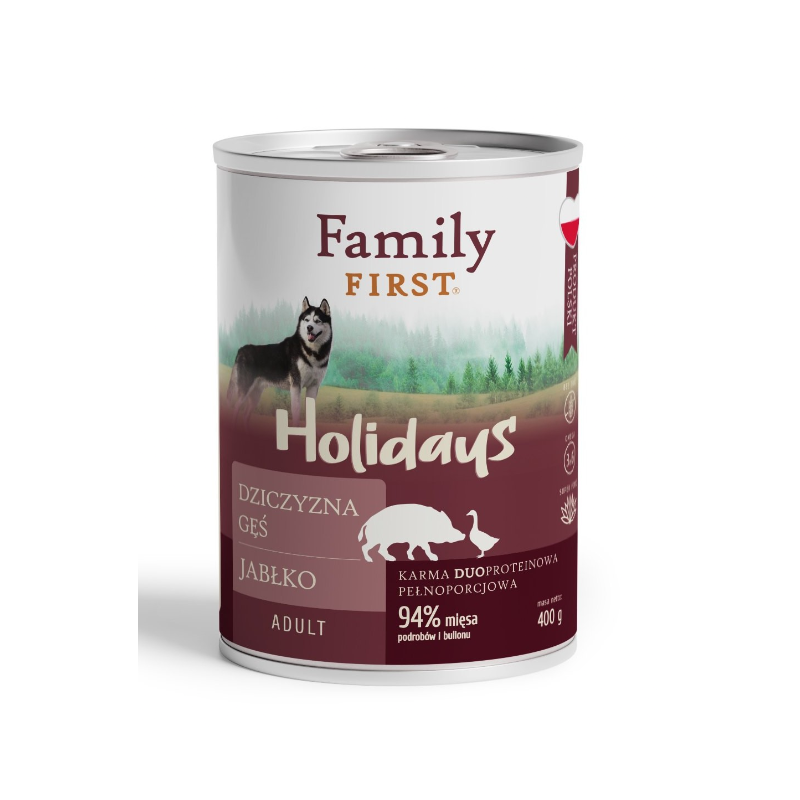 FAMILY FIRST HOLIDAYS Puszka dla psa Dziczyzna/gęś/jabłko 400g