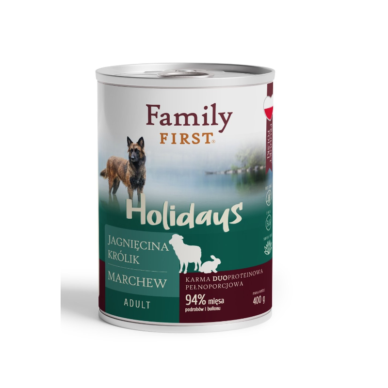FAMILY FIRST HOLIDAYS Puszka dla psa Jagnięcina/królik/marchew 400g