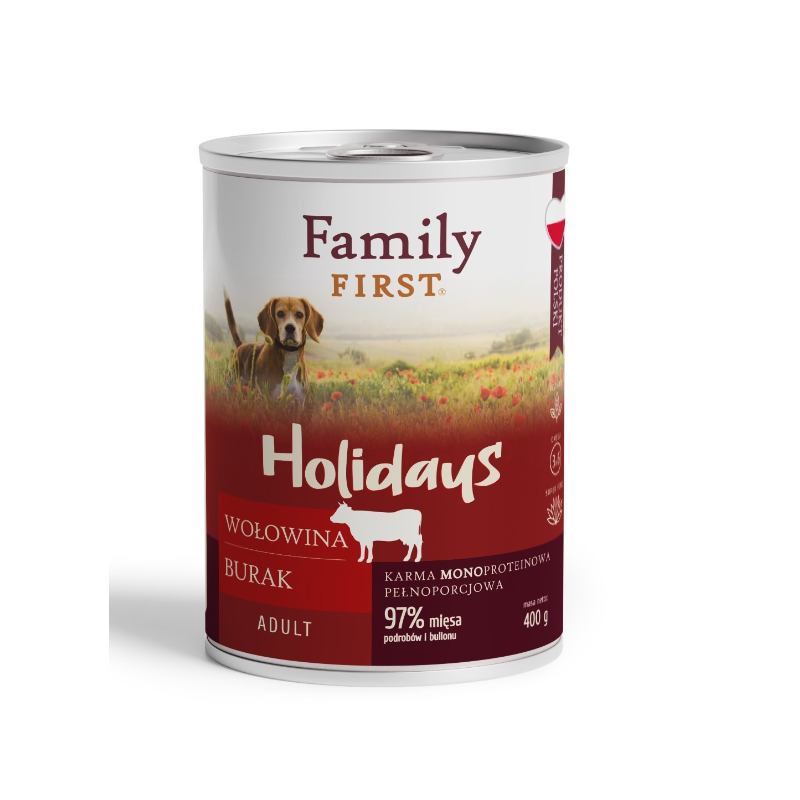 FAMILY FIRST HOLIDAYS Puszka dla psa Wołowina/burak 400g