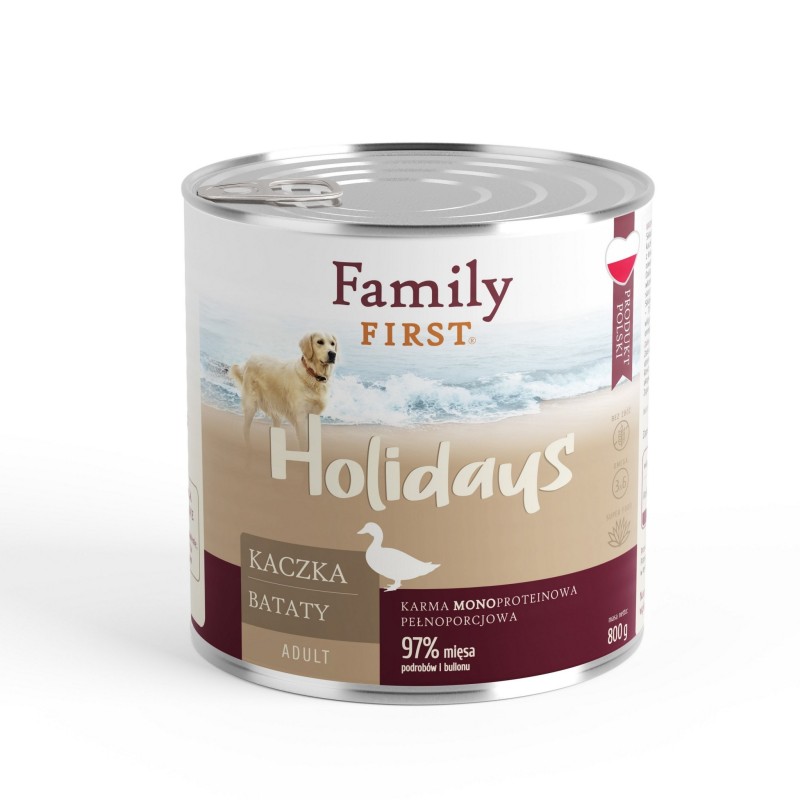 FAMILY FIRST HOLIDAYS Puszka dla psa Kaczka/bataty 800g